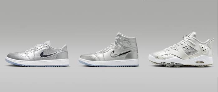 Side view of three silver Air Jordan golf shoes.